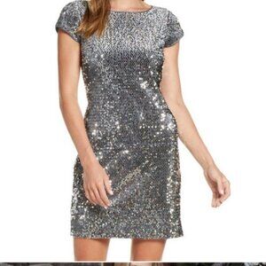 Eliza J | Silver Sequin Velvet Sheath Mini Party Dress Size 8P Petite